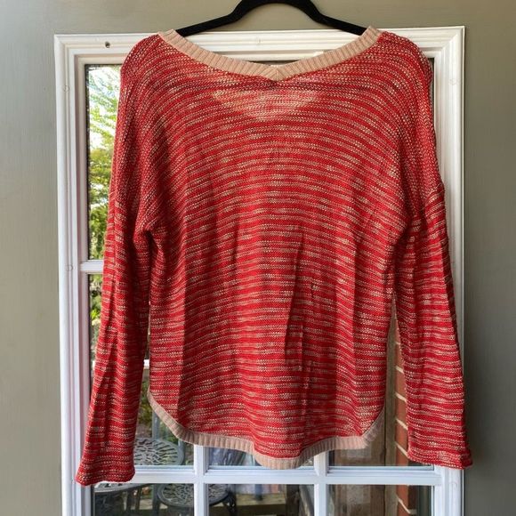 Splendid Red Beige Knit V Neck Dolman Sleeve Pullover Sweater, Sz Medium, MP $82 - Picture 5 of 7